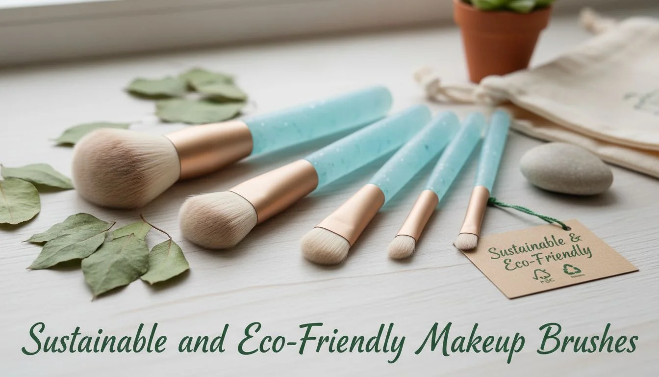 A collection of makeup brushes with recycled plastic handles and FSC-certified wood