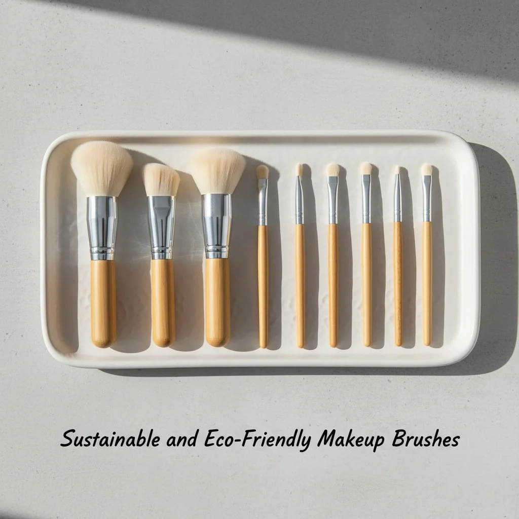 An image showing a collection of makeup brushes with bamboo handles and recycled synthetic bristles, arranged on a clean, minimalist background.