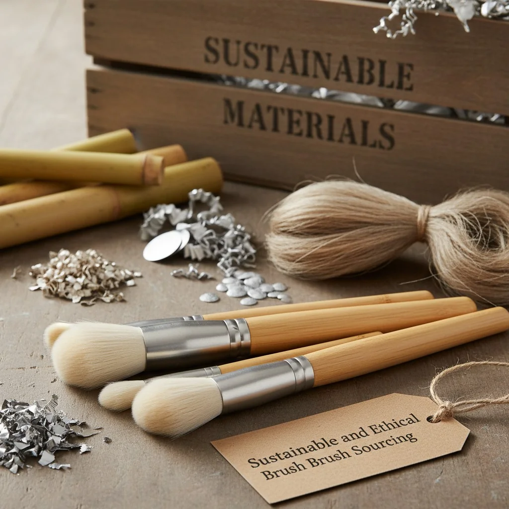 A collection of eco-friendly brush materials: bamboo handles, recycled aluminum ferrules, and vegan fibers.
