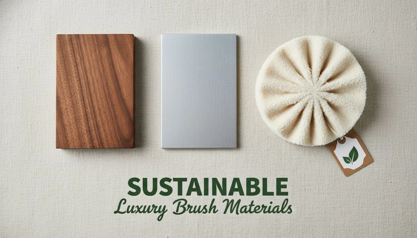 A flat lay of material samples: FSC-certified walnut wood, brushed aluminum, and a swatch of soft, synthetic vegan fibers.