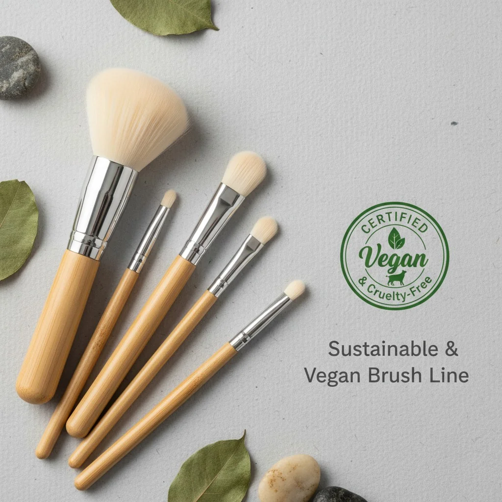 A stylish flat lay of vegan synthetic brushes next to a "Vegan & Cruelty-Free" certification logo.