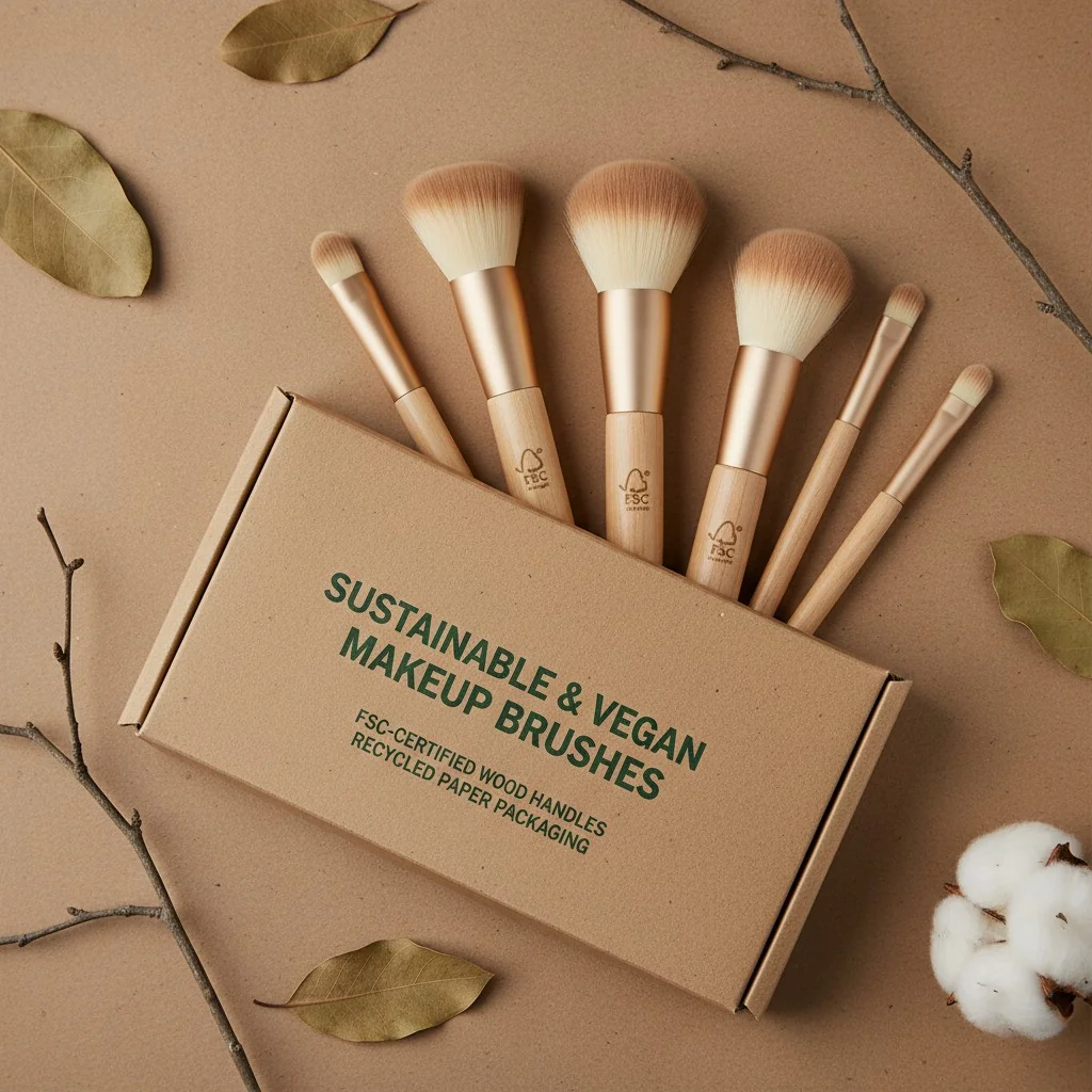 A makeup brush set with FSC-certified wood handles and recycled paper packaging.