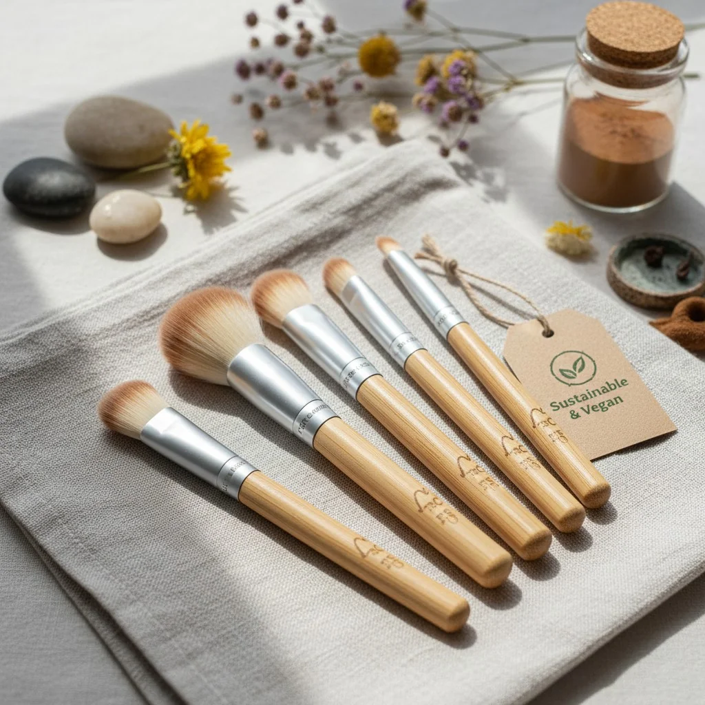A collection of sustainable makeup brushes with FSC-certified wood handles and PCR fiber content.