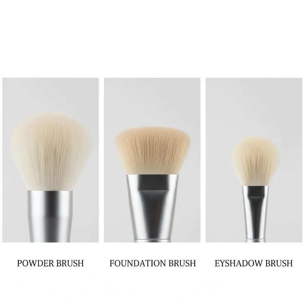 A comparison shot of different synthetic brush heads: one for powder, one for foundation, one for eyeshadow.