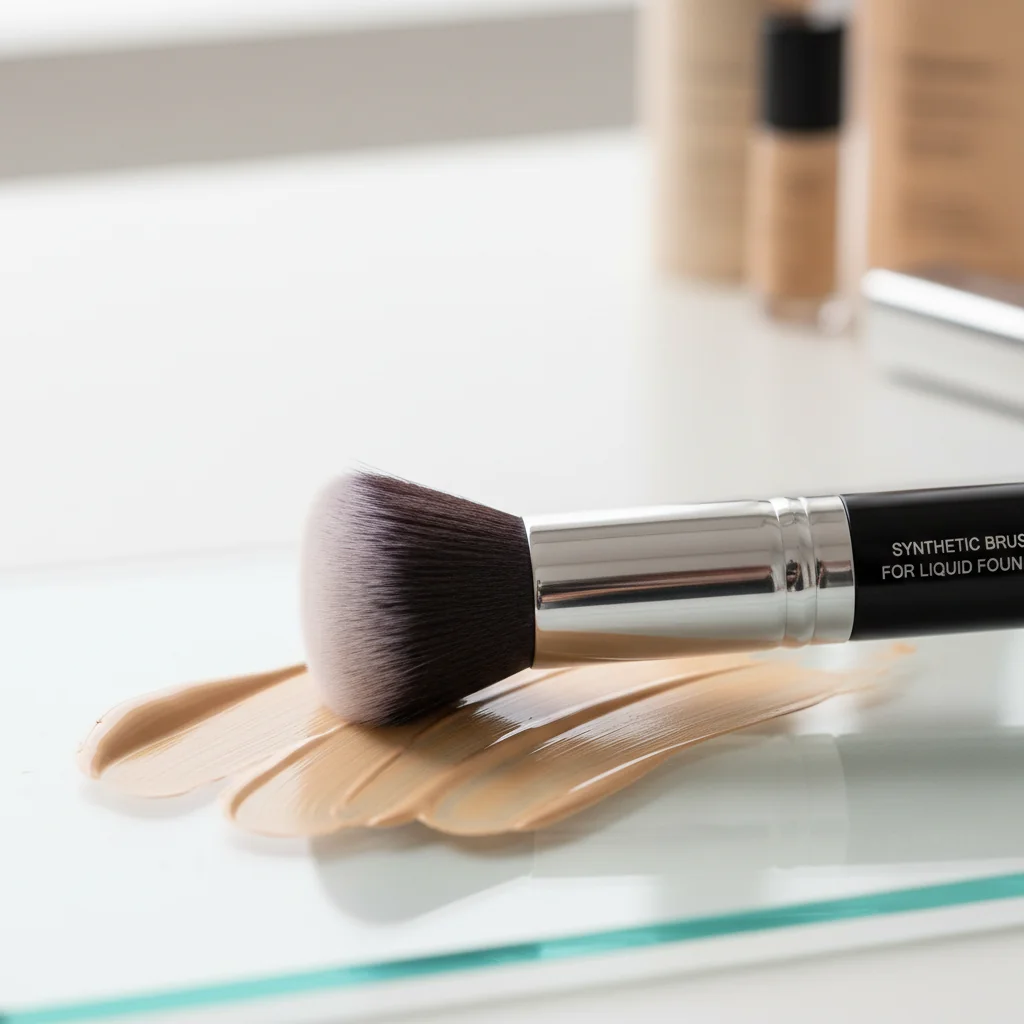 A dense, synthetic foundation brush smoothly blending liquid foundation on a surface.
