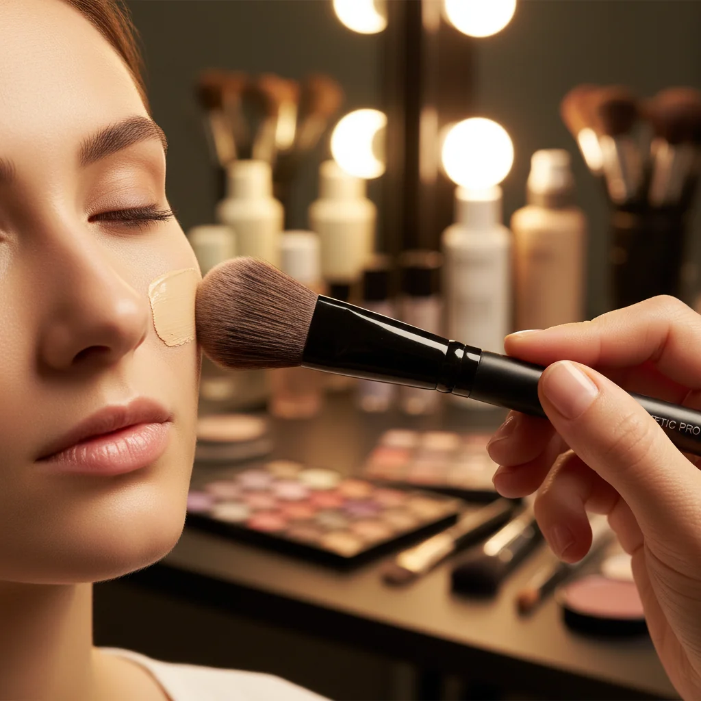 A makeup artist applying liquid foundation with a synthetic brush, showing a smooth finish