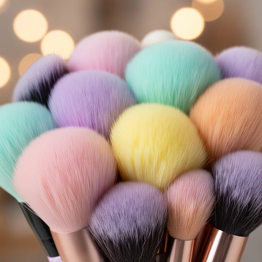 Close-up of various synthetic makeup brush bristles showing different colors and textures