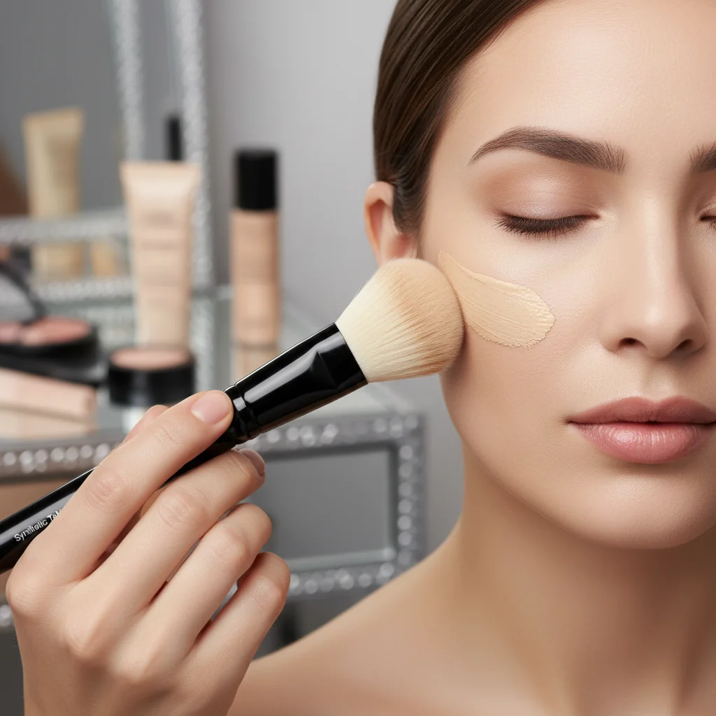 A makeup artist applying liquid foundation with a synthetic Taklon brush, showing a smooth finish.