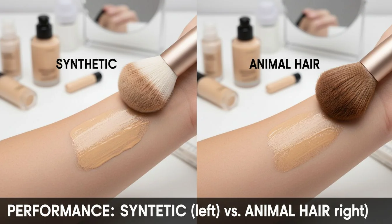 A side-by-side comparison of a synthetic brush and an animal hair brush applying liquid foundation.