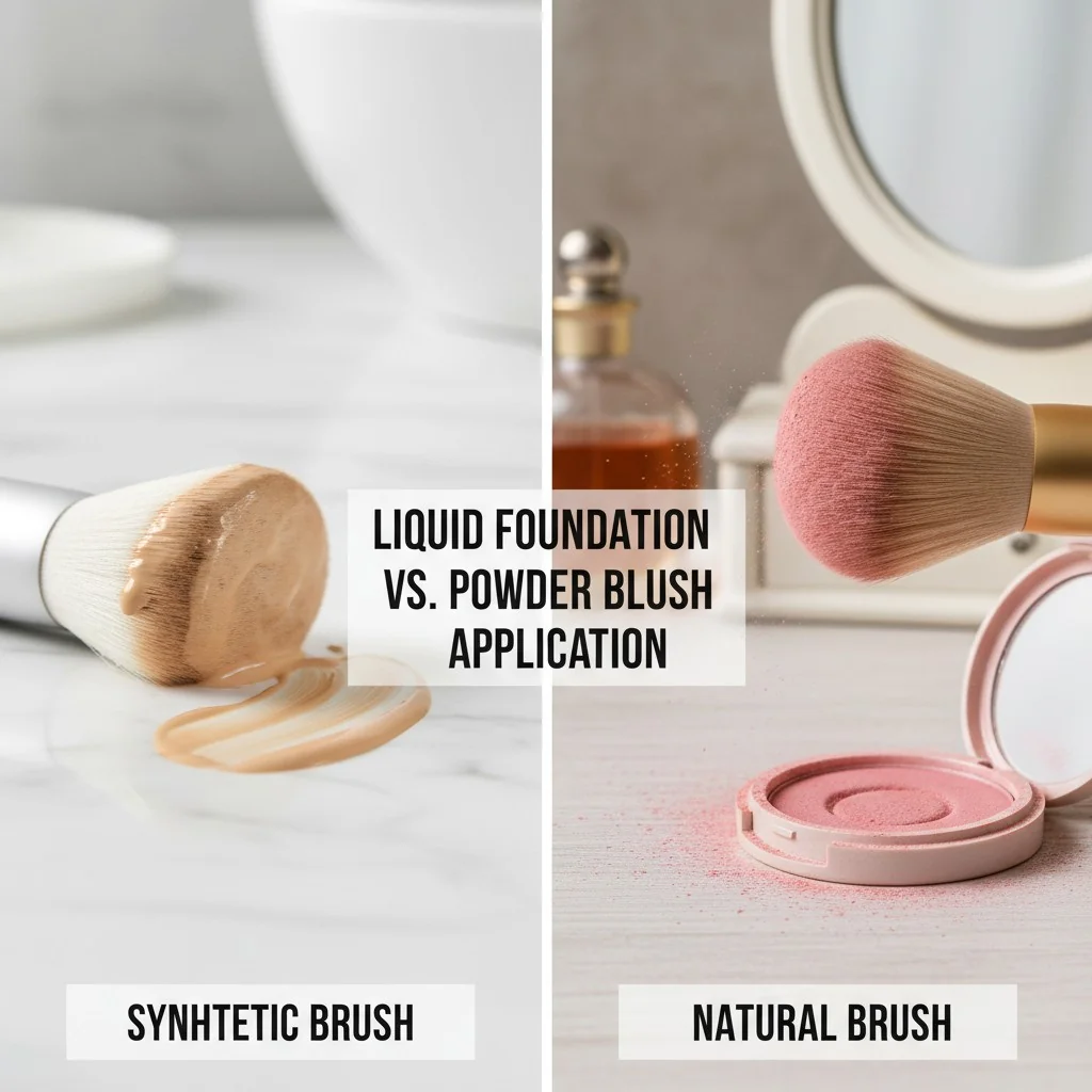 A split image showing liquid foundation on a synthetic brush and powder blush on a natural hair brush.