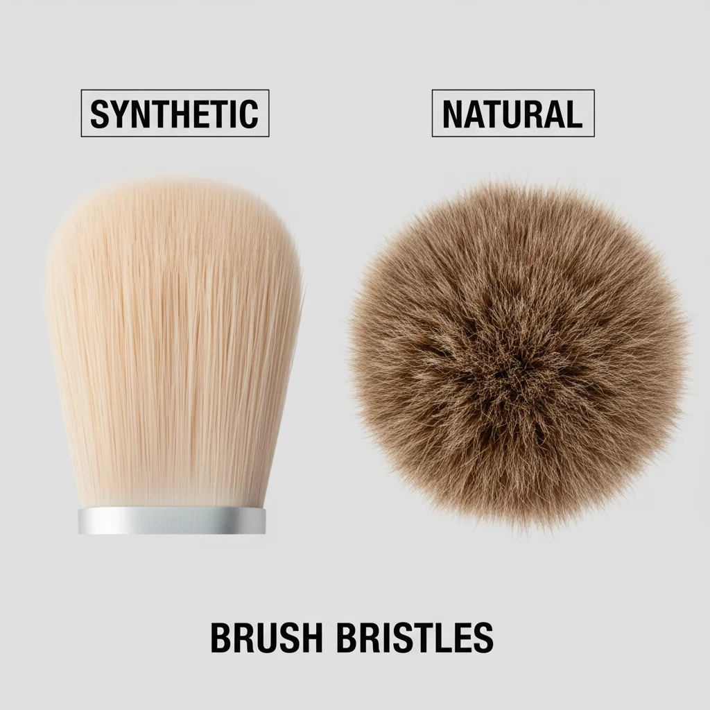 Close-up shot comparing the texture of a synthetic foundation brush and a fluffy natural powder brush.