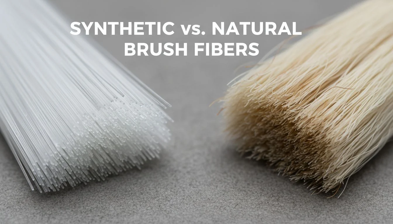 Synthetic vs. Natural Brush Fibers A close-up comparison of smooth synthetic fibers and textured natural hair bristles