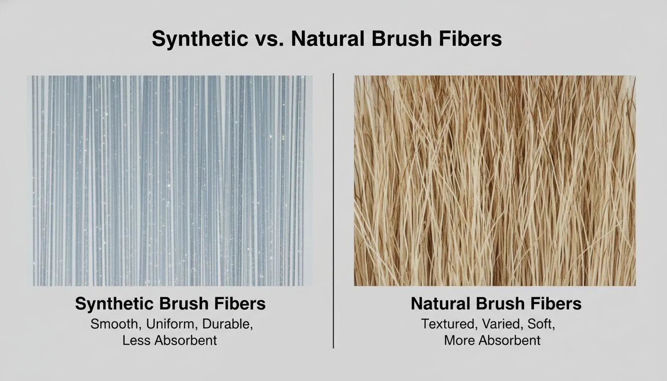 Synthetic vs. Natural Brush Fibers A split-screen image showing a close-up of synthetic bristles on one side and natural hair bristles on the other