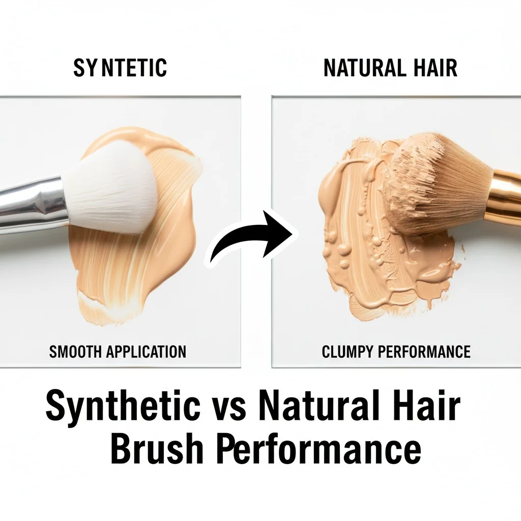 A side-by-side comparison shot: a synthetic brush applying liquid foundation smoothly, and a natural hair brush looking clumpy with the same product.
