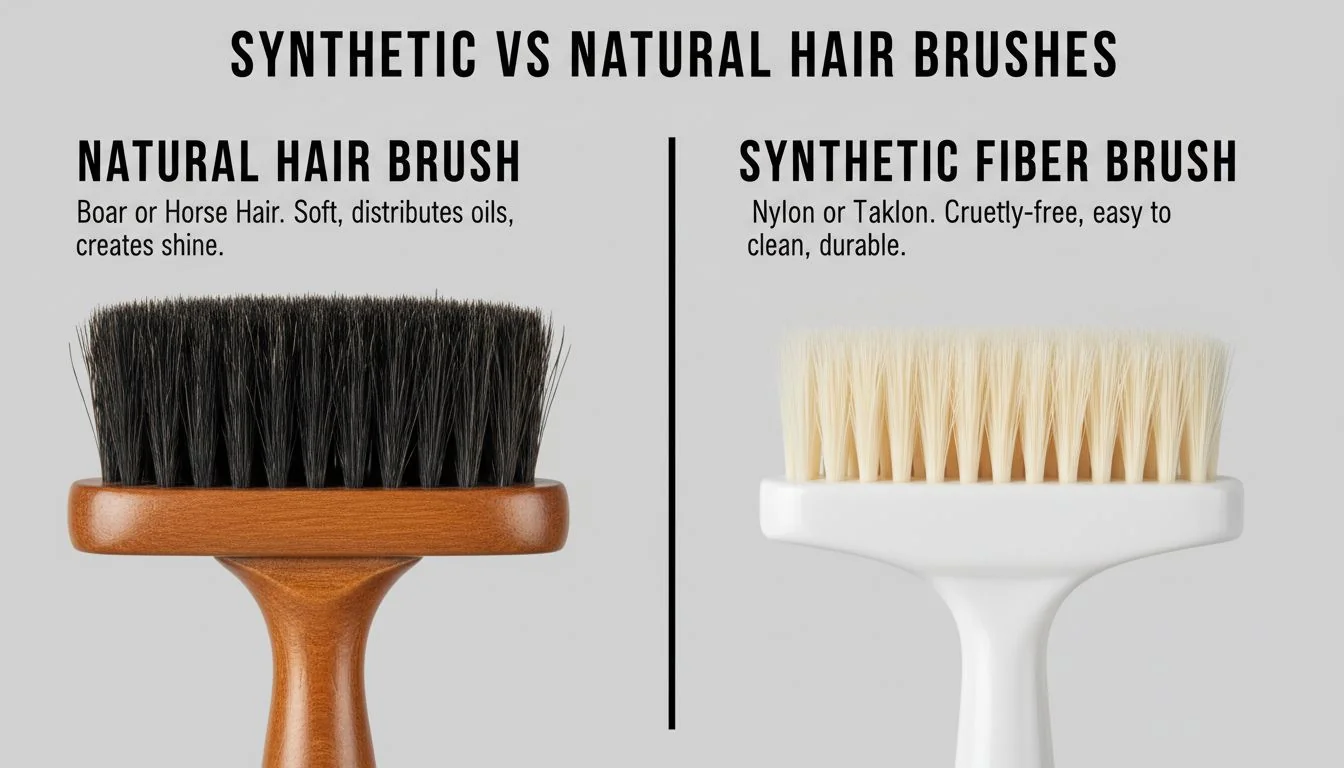 Synthetic vs Natural Hair Brushes A side-by-side comparison of a natural hair brush and a synthetic fiber brush