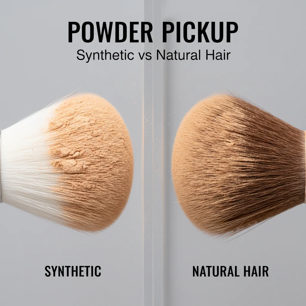 Side-by-side comparison of powder makeup on a synthetic brush and a natural hair brush