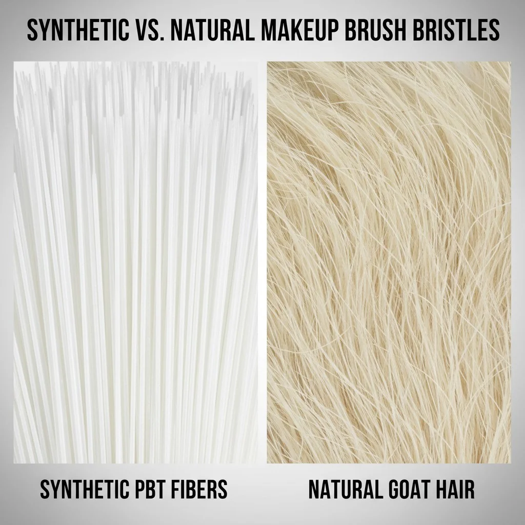 A split image showing synthetic PBT fibers on one side and natural goat hair on the other.
