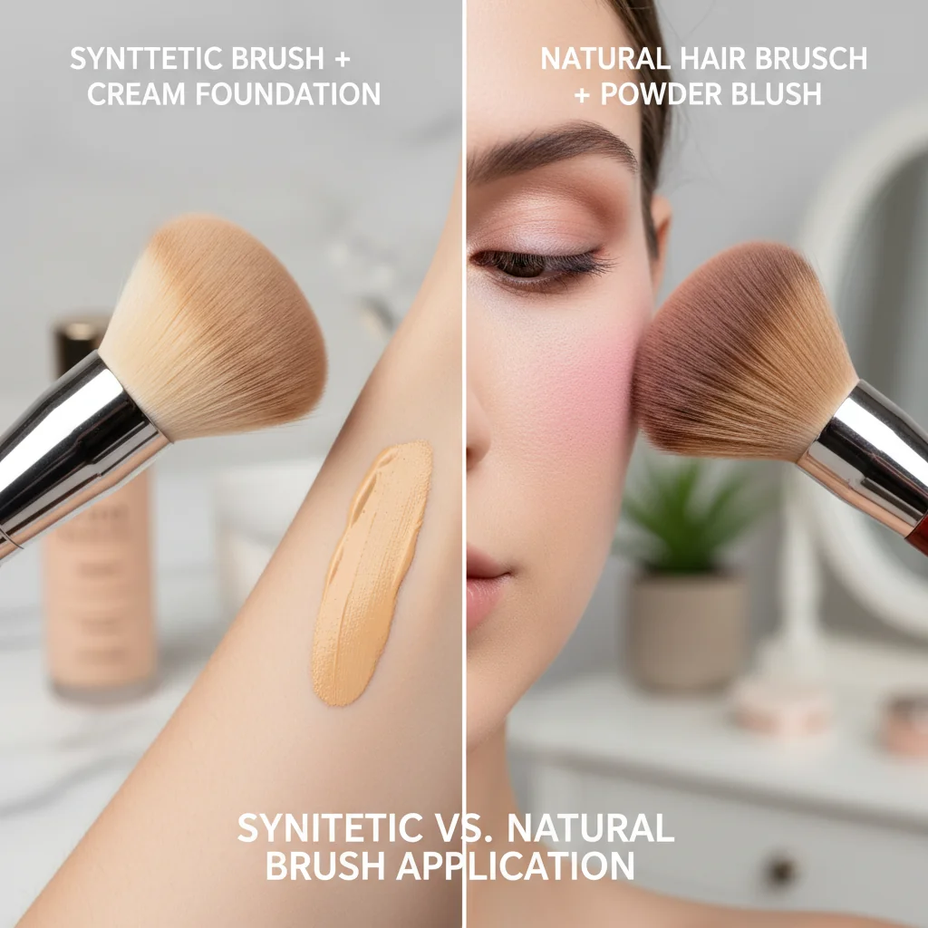 A side-by-side comparison image showing a synthetic brush with cream foundation and a natural hair brush with powder blush.