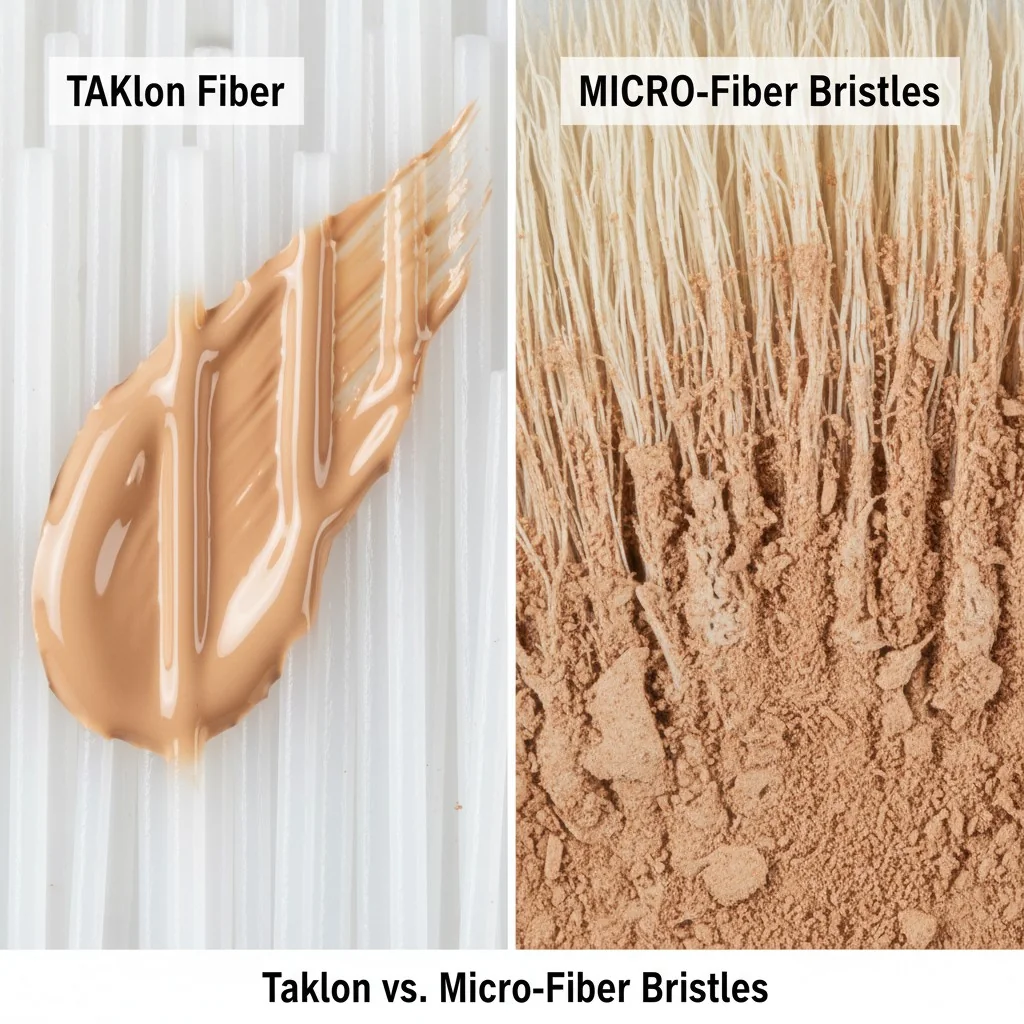 A split-screen image showing a smooth taklon fiber on one side and a textured micro-fiber on the other, with makeup textures (liquid vs. powder) overlaid.