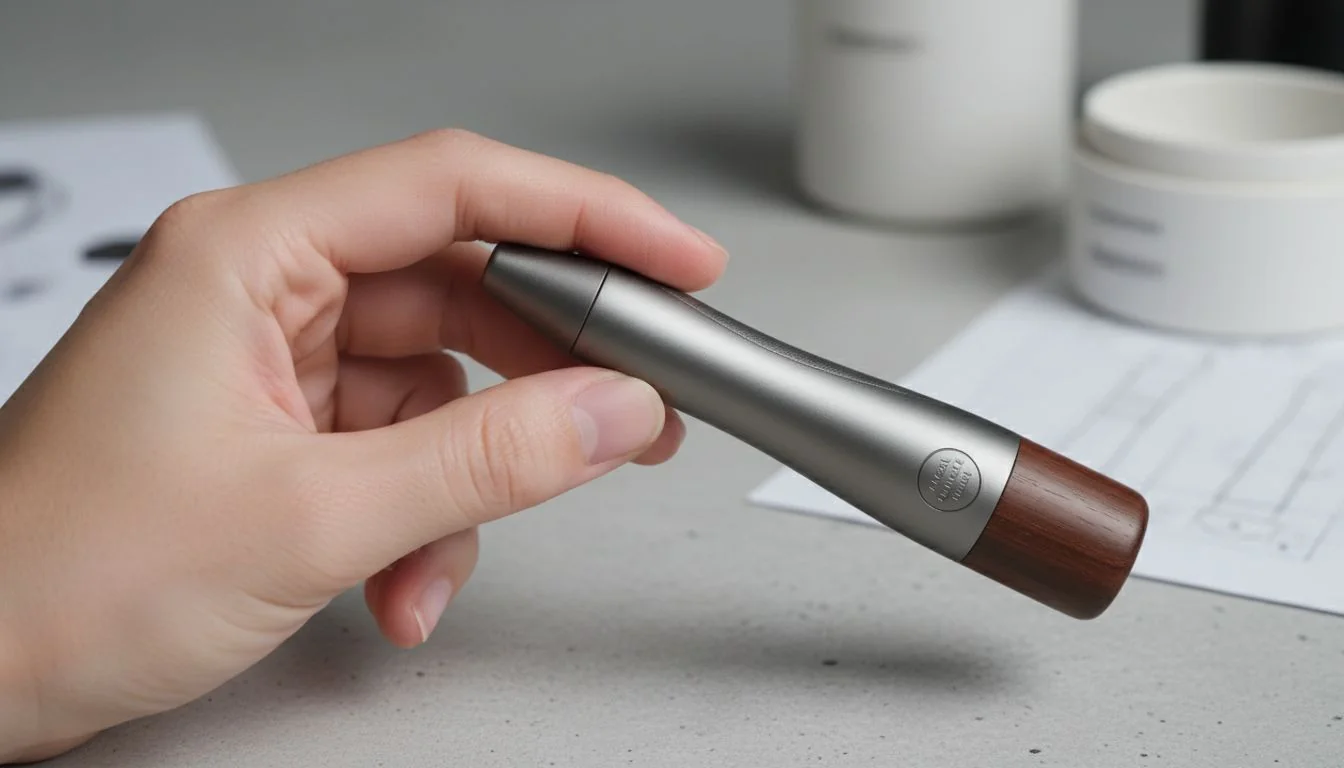 A designer's hand holding a prototype of a makeup brush handle, feeling its weight and balance.