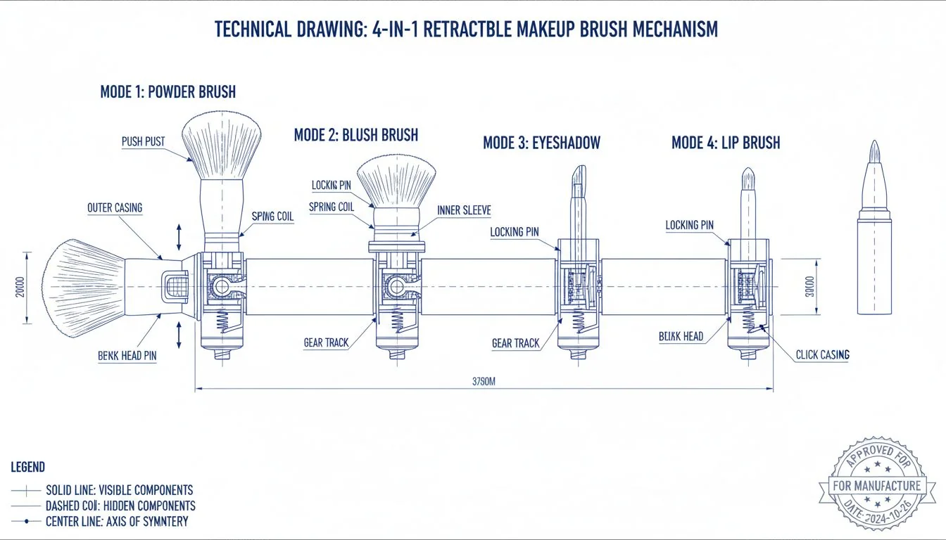 Technical drawing of a 4-in-1 makeup brush's retractable mechanism.