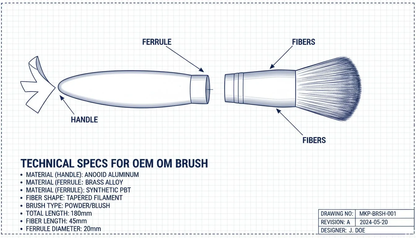 Technical Specs for OEM Brush A technical drawing or CAD model of a makeup brush, with callouts pointing to the handle, ferrule, and fibers.