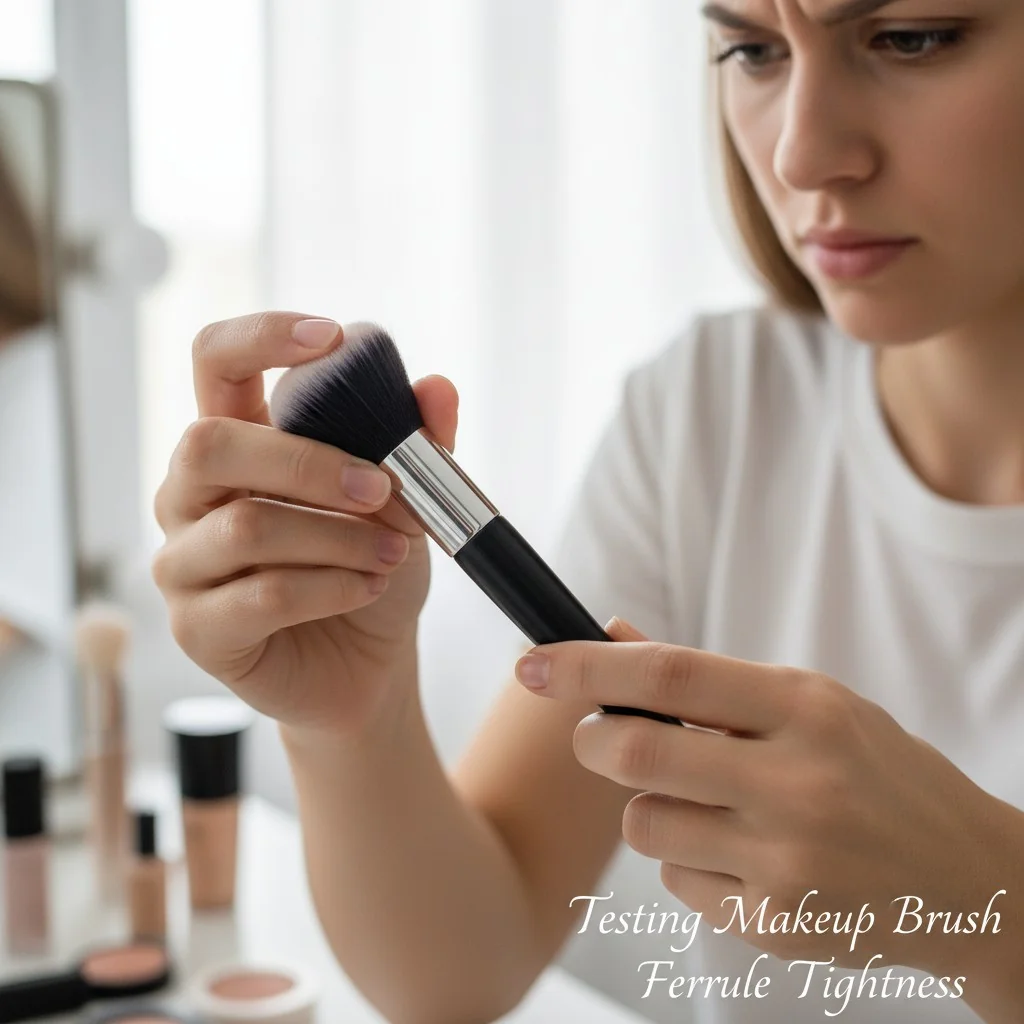A person's hands attempting to twist the ferrule and handle of a makeup brush to check for looseness.