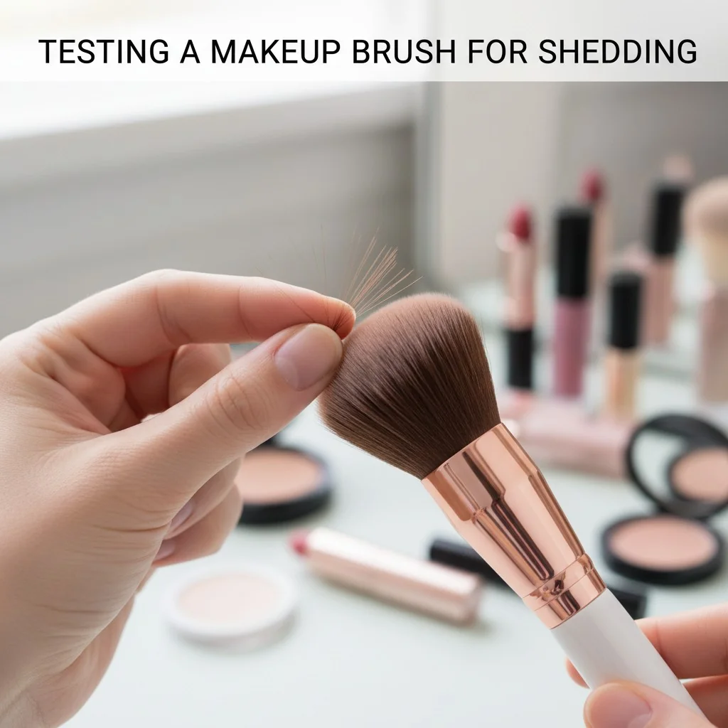 A hand gently pulling on the bristles of a makeup brush to test for shedding
