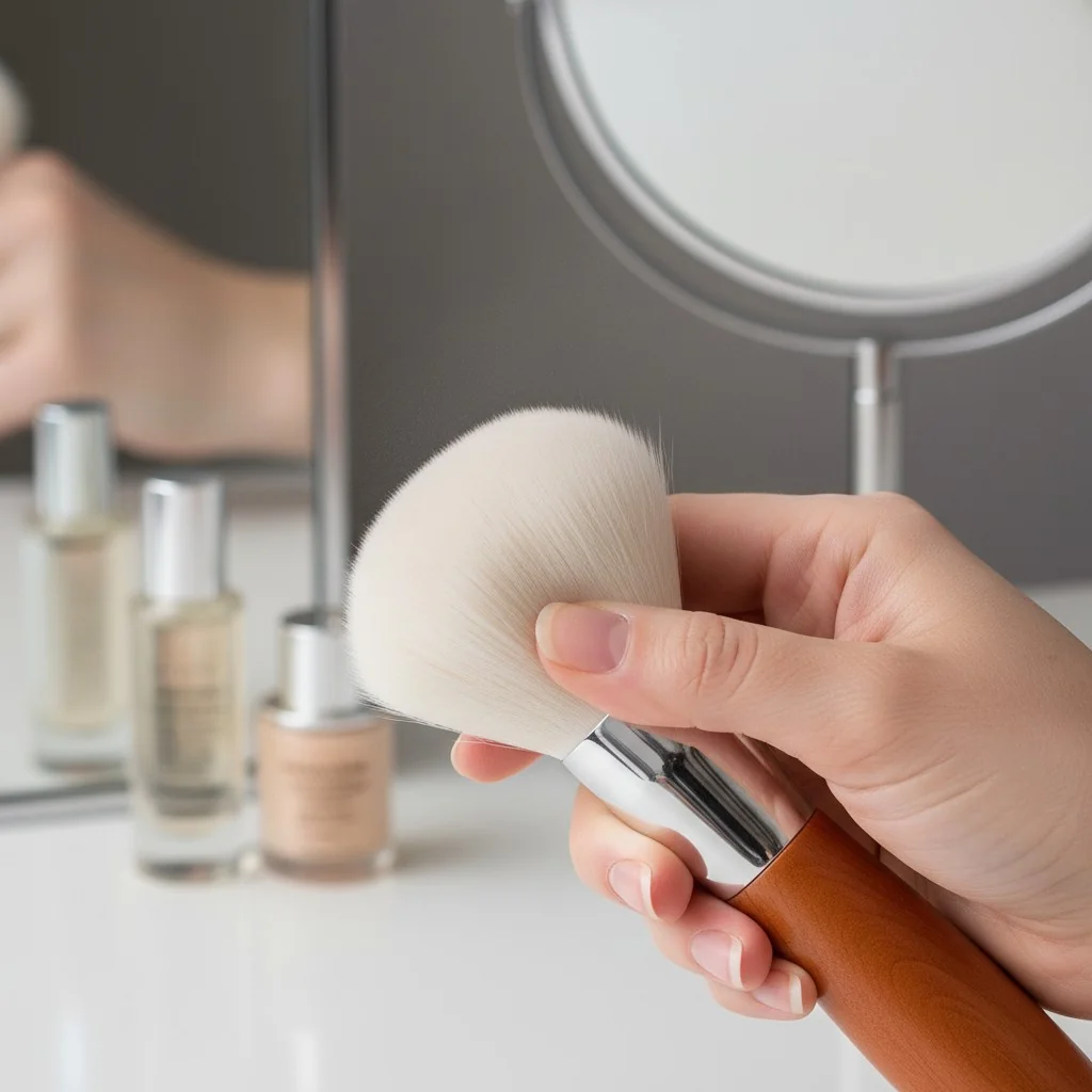 A hand gently pinching the bristles of a large, fluffy powder brush to test for dryness.