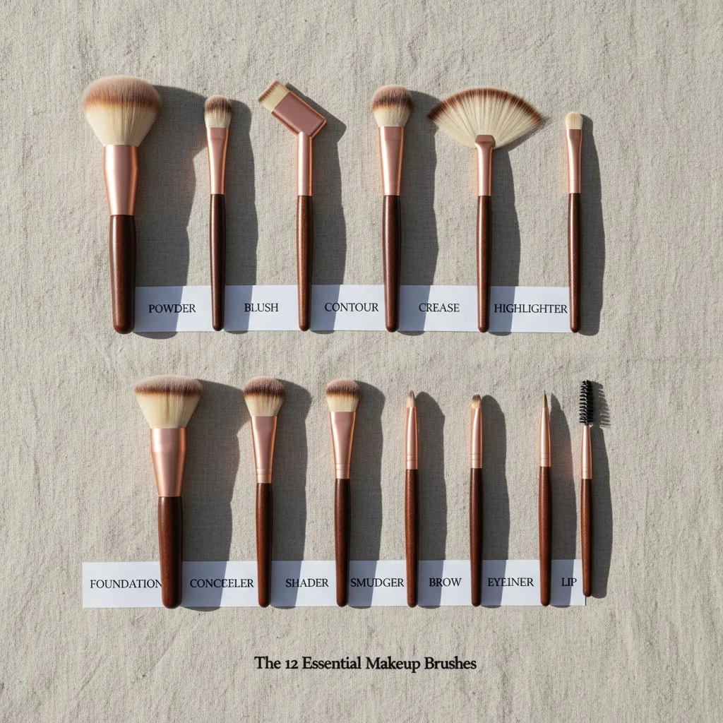 A flat lay of the 12 essential makeup brushes, clearly labeled or identifiable.