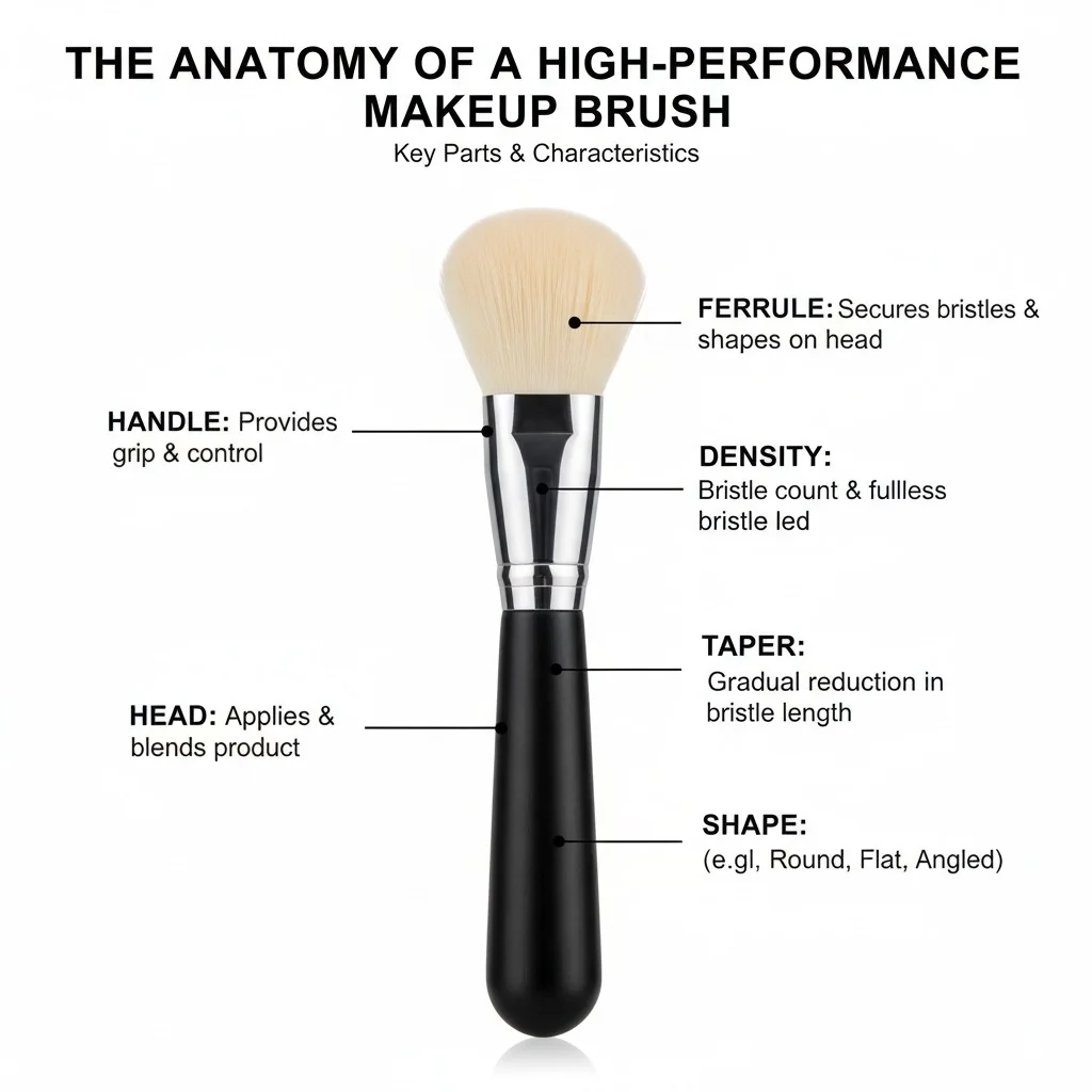 A diagram illustrating the key parts of a makeup brush: handle, ferrule, and head, with callouts for density, taper, and shape.