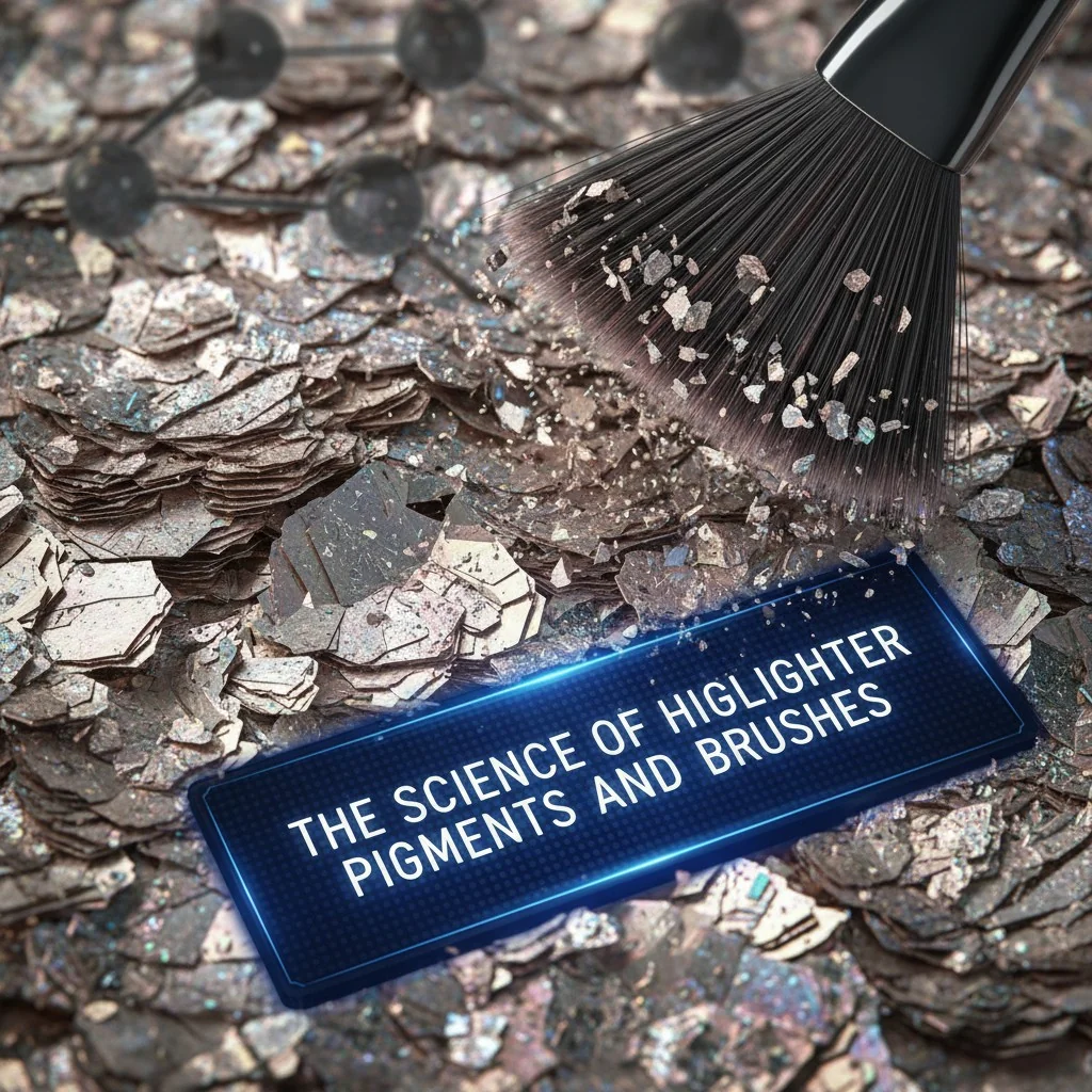 Microscopic view of mica pigments and a fan brush sweeping over a powder highlighter