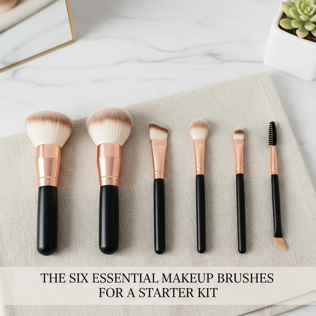 The six essential makeup brushes laid out in order of use: foundation, powder, blush, shader, blender, and brow brush.