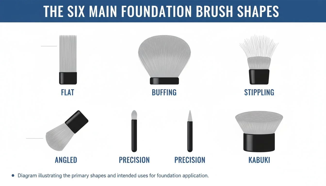 The Six Main Foundation Brush Shapes A diagram showing the six main types of foundation brushes: flat, buffing, stippling, angled, precision, and kabuki