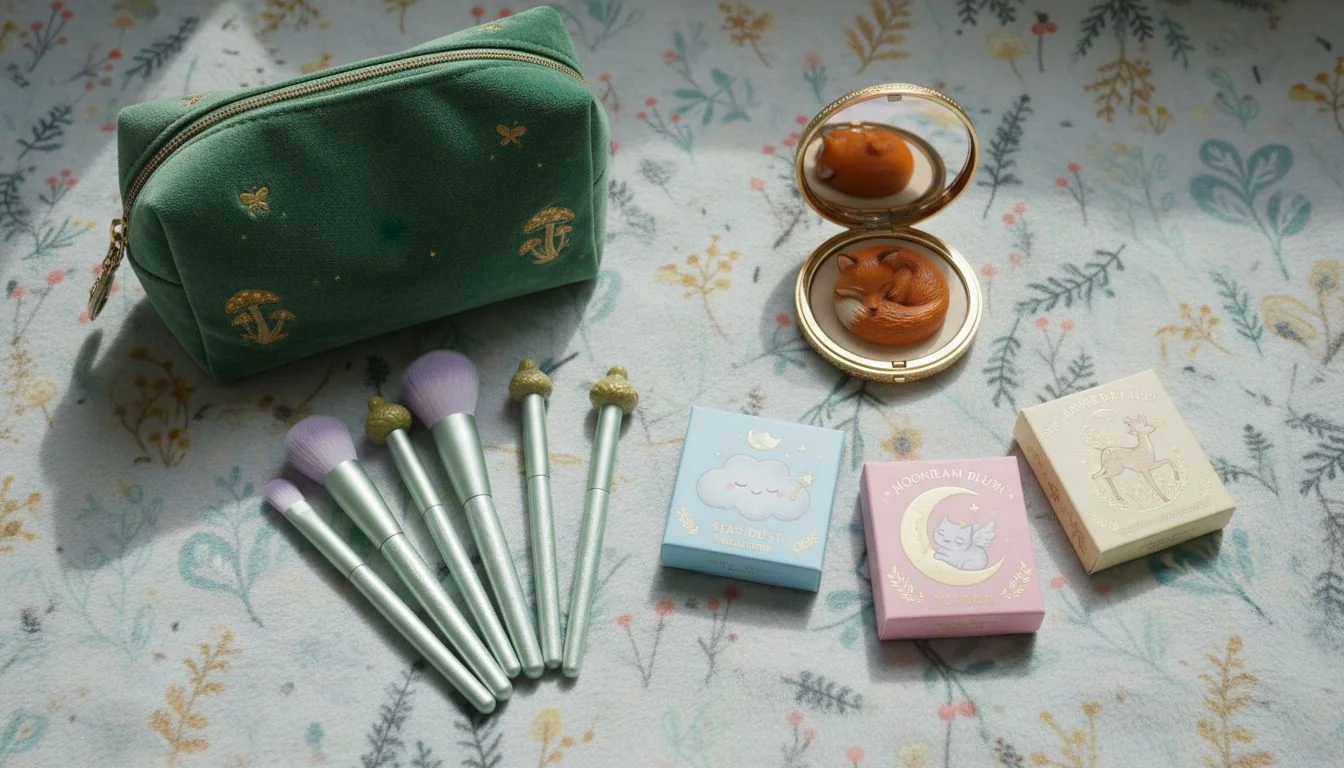 Themed Beauty Accessory Bundle A flat lay image showing a makeup brush set next to a matching cosmetic bag, a themed compact mirror, and cute packaging.