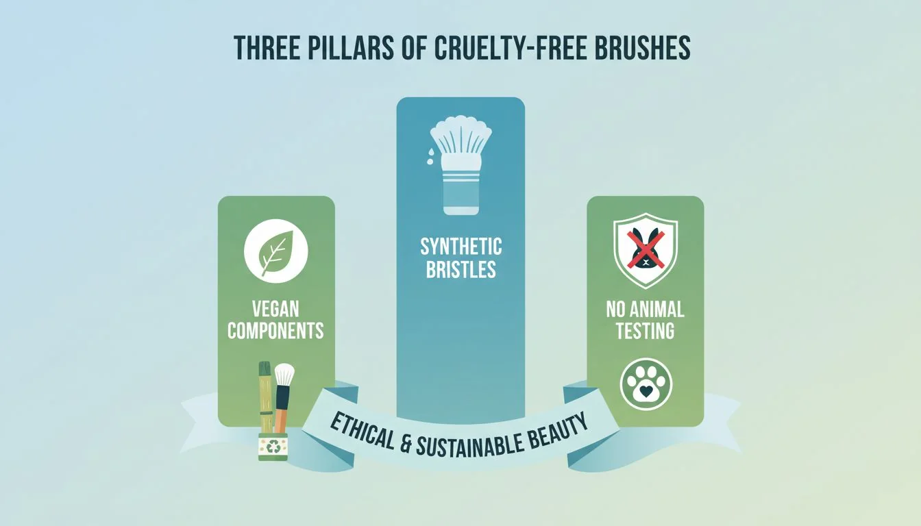 An infographic showing the three pillars of a cruelty-free brush: synthetic bristles, vegan components, and no animal testing.
