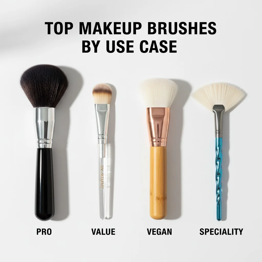 Four different makeup brushes side-by-side, representing pro, value, vegan, and specialty categories.
