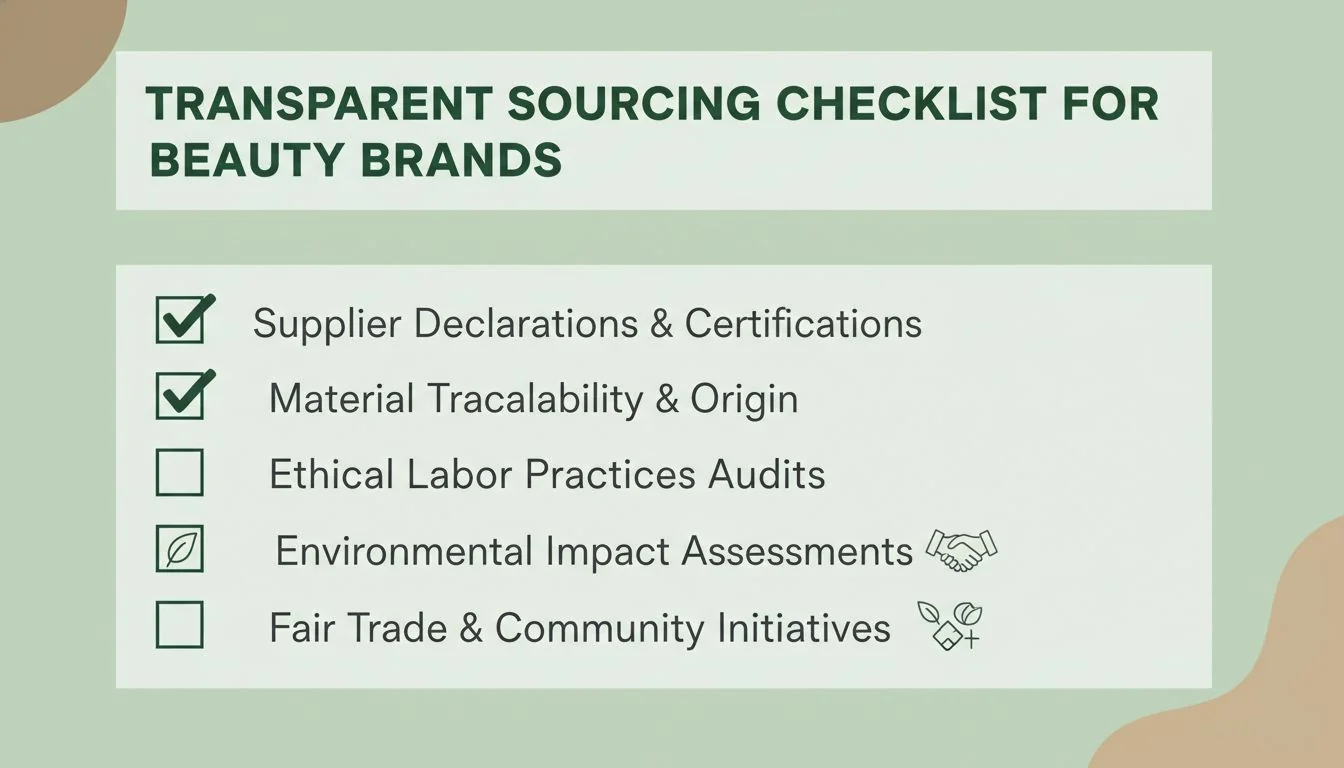 A checklist graphic for transparent sourcing, with items like 'Supplier Declarations' and 'Material Traceability'.