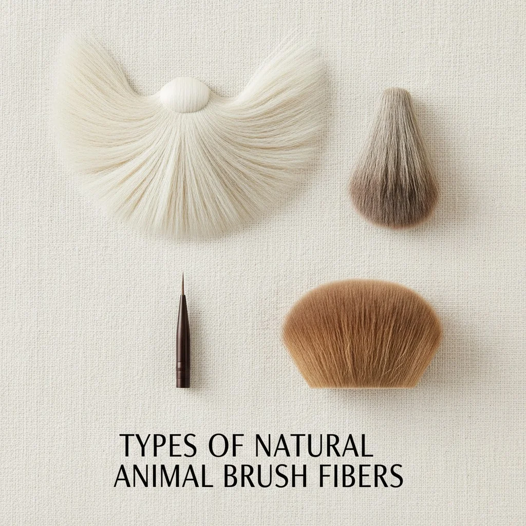 A flat lay of four different brush heads: a fluffy goat powder brush, a tapered squirrel highlighting brush, a fine-tipped sable liner brush, and a dense pony buffing brush.