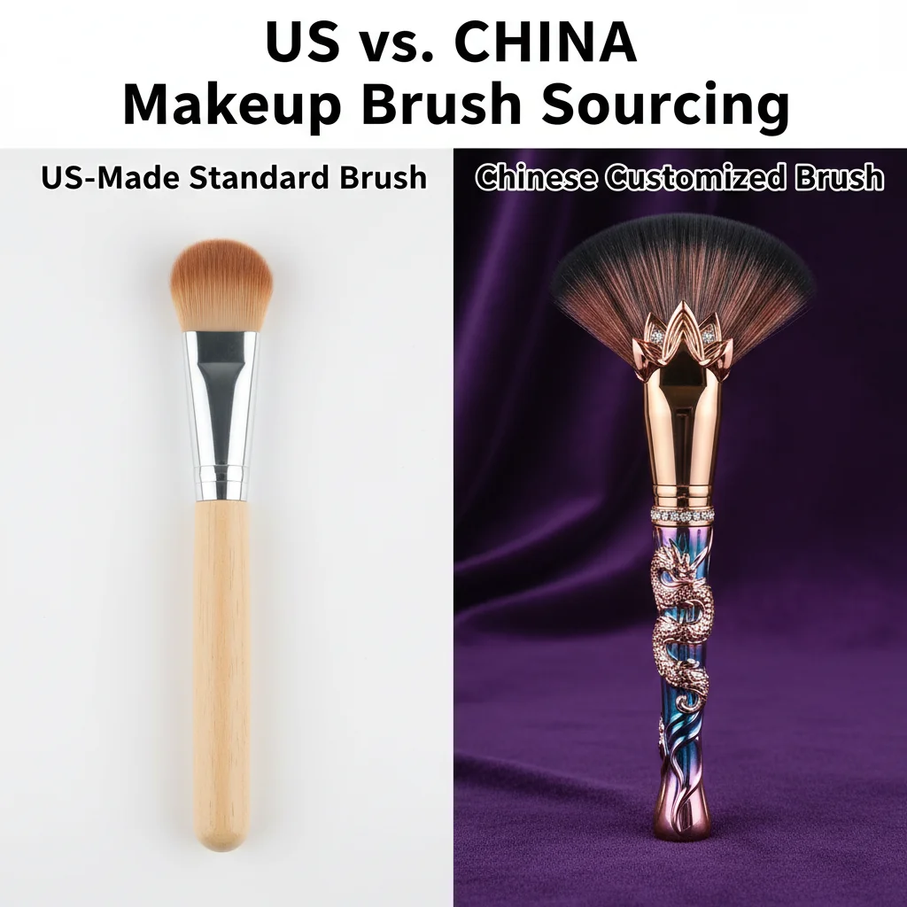 A split image showing a standard US-made brush versus a highly customized brush from a Chinese supplier