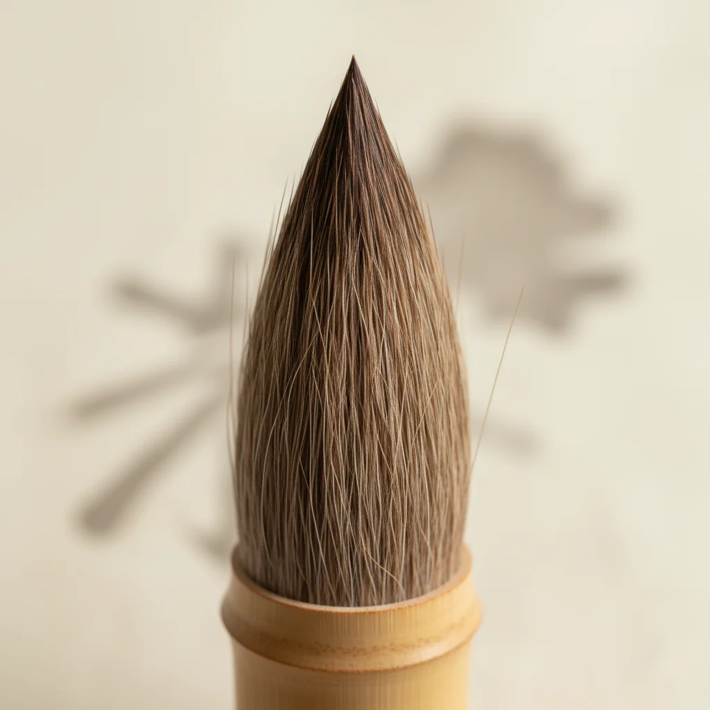 Close-up shot of a Japanese fude brush head, showing the perfectly aligned, uncut natural hair tips.