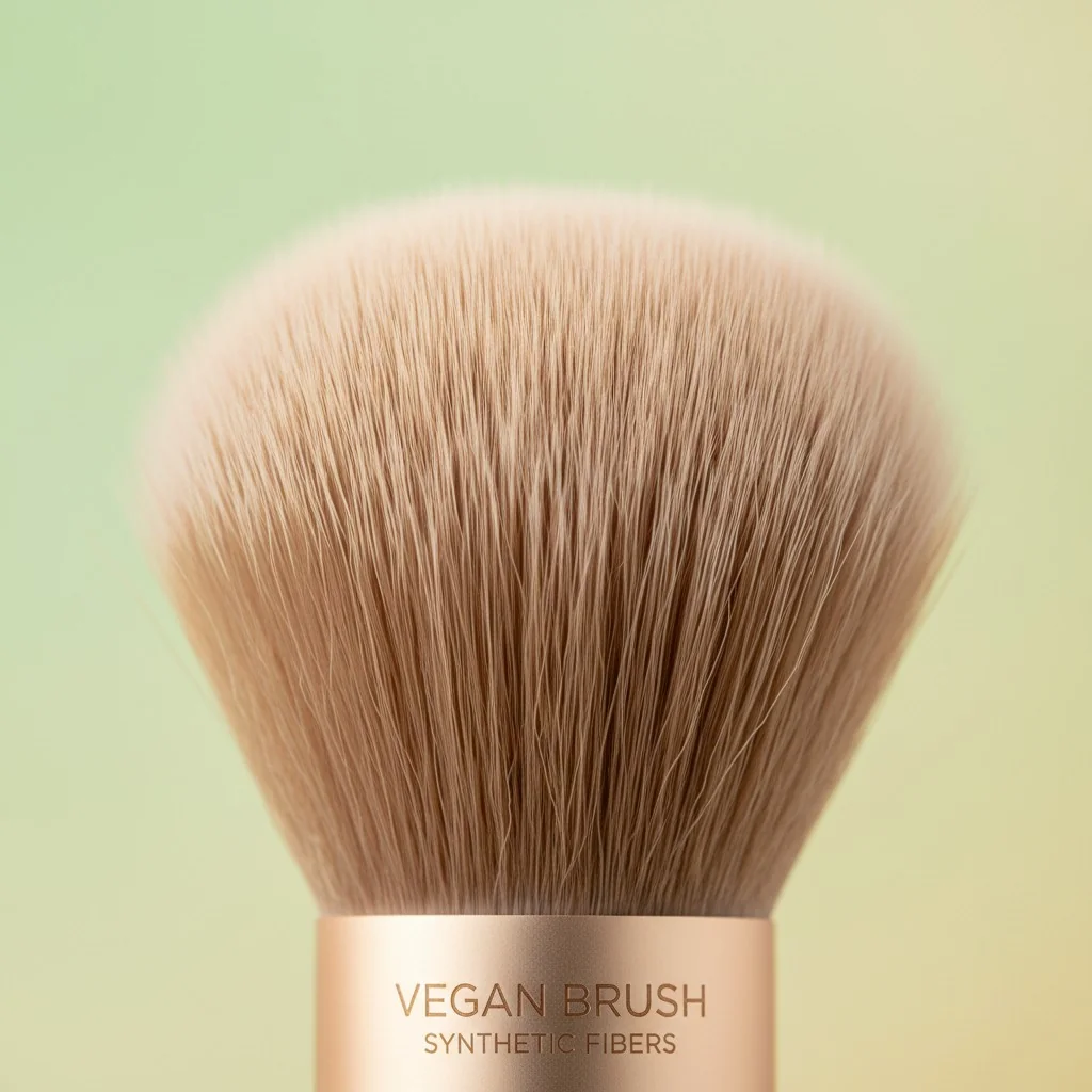 Close-up shot of a vegan makeup brush tip showing the fine, soft synthetic fibers.