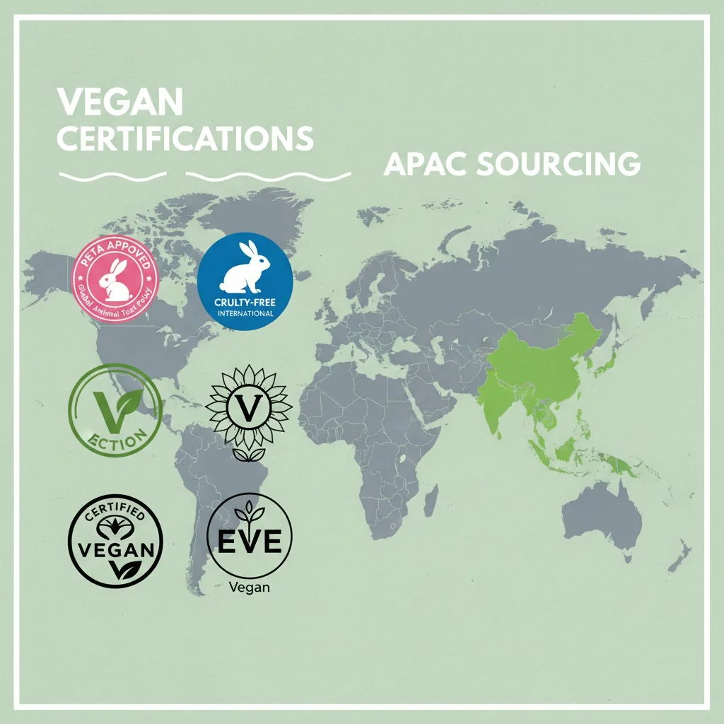A collage of vegan and cruelty-free certification logos like PETA and Leaping Bunny next to a map highlighting APAC.