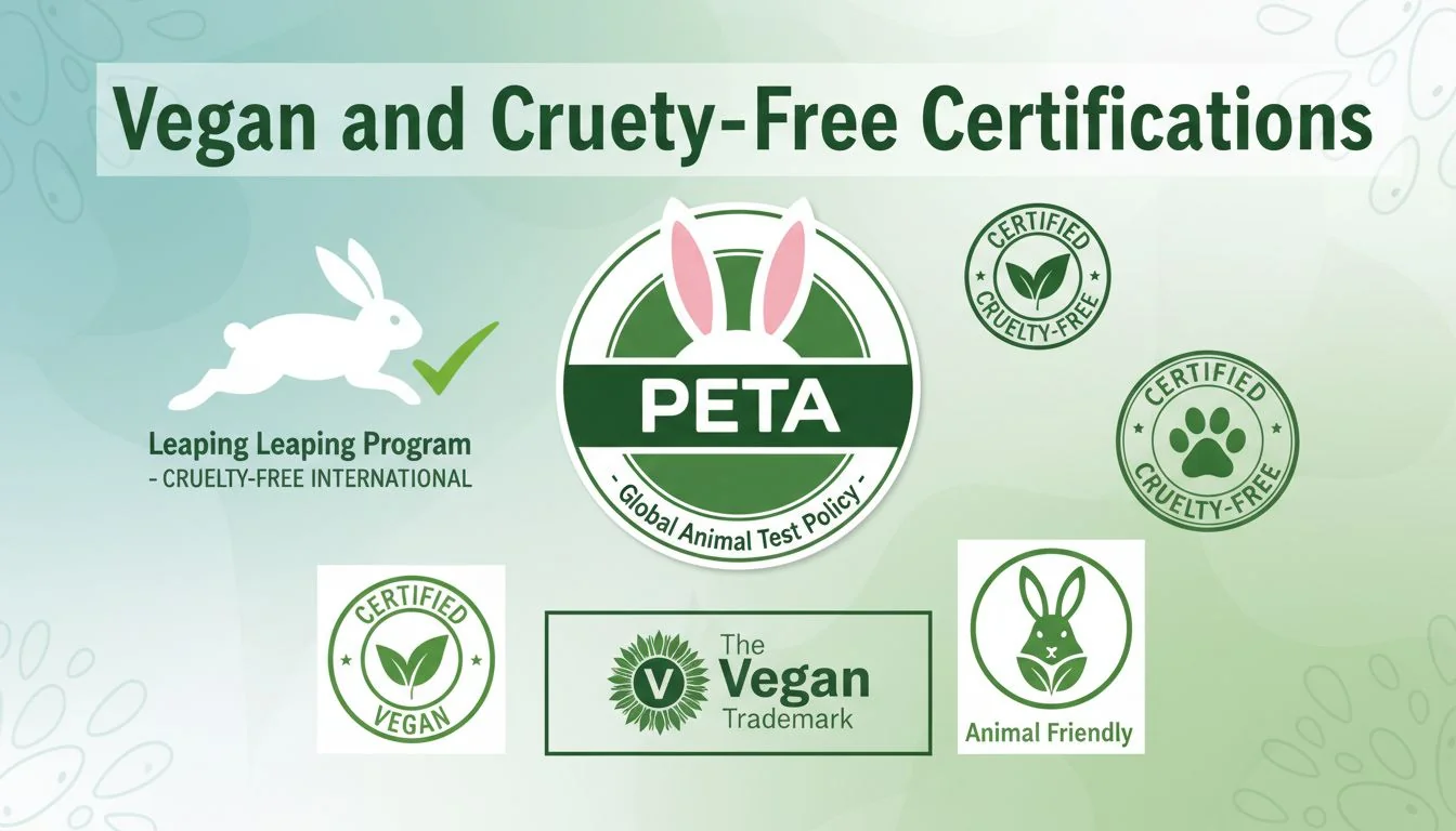 A collage of vegan and cruelty-free certification logos like PETA, Leaping Bunny, and The Vegan Society.