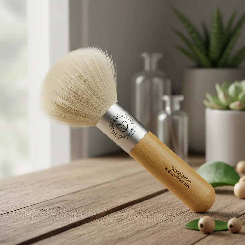 A makeup brush with a "Vegan & Cruelty-Free" symbol, highlighting the synthetic bristles and sustainable handle.