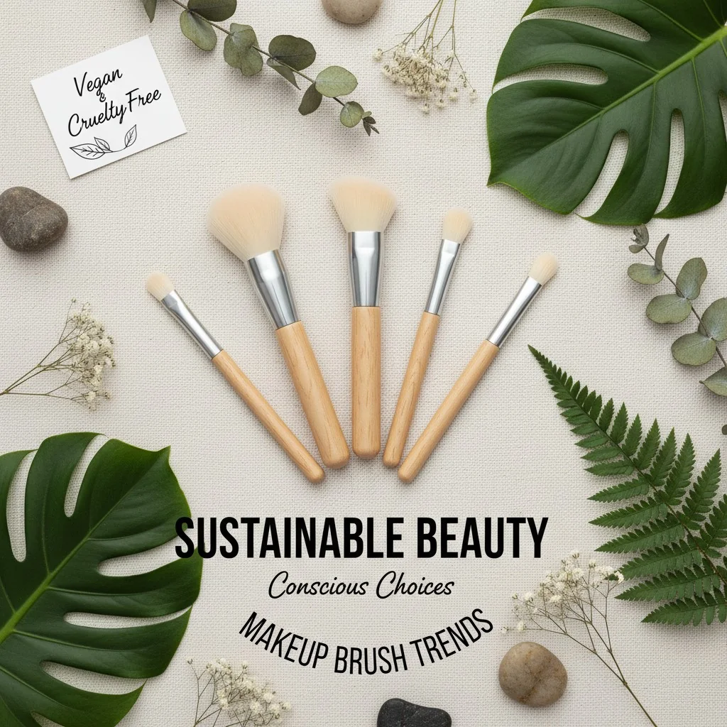 A stylish flat-lay of vegan makeup brushes with recycled aluminum ferrules and FSC-certified wood handles, surrounded by natural elements like leaves.