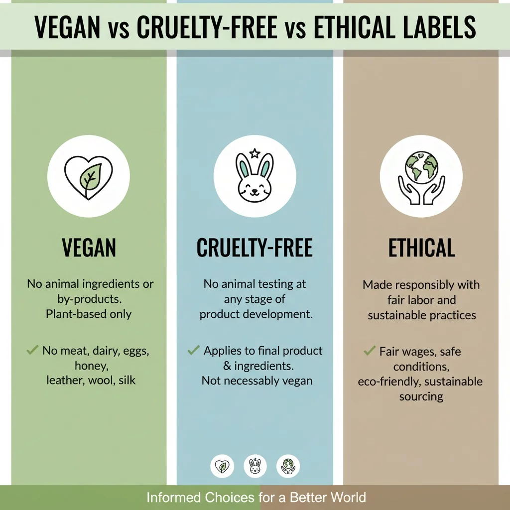 An infographic showing three icons for Vegan, Cruelty-Free, and Ethical with short text definitions for each.
