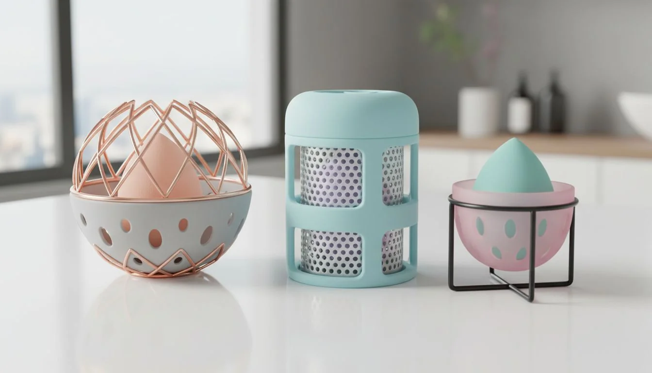 A collection of ventilated makeup sponge holders made of silicone and metal.