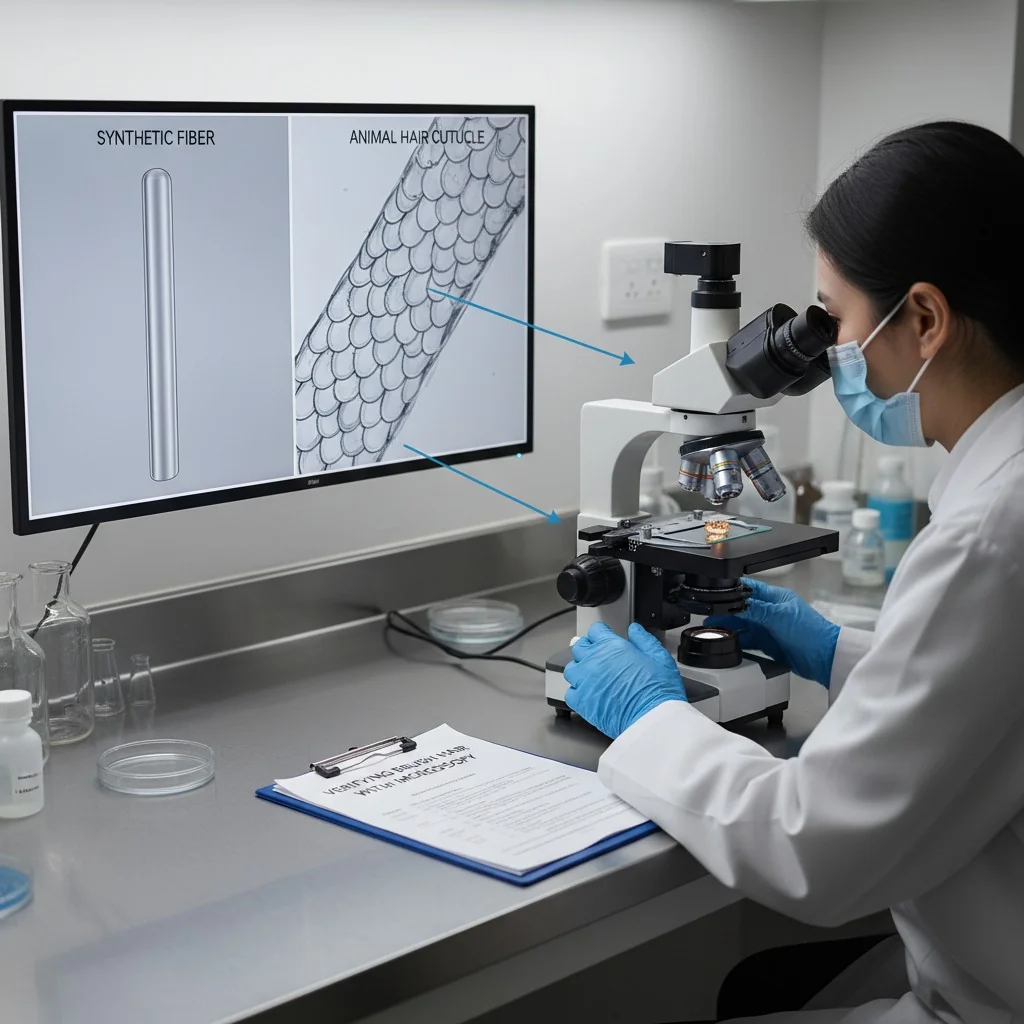 A lab technician looking through a microscope at a brush hair sample, with a diagram showing the difference between a synthetic fiber and an animal hair cuticle.