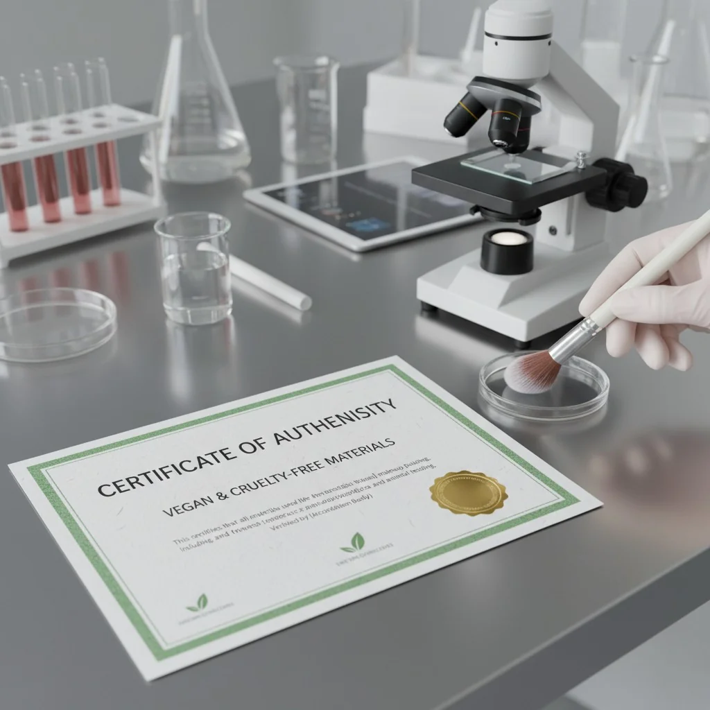 A certificate of authenticity for vegan and cruelty-free materials next to a makeup brush being tested in a lab setting.